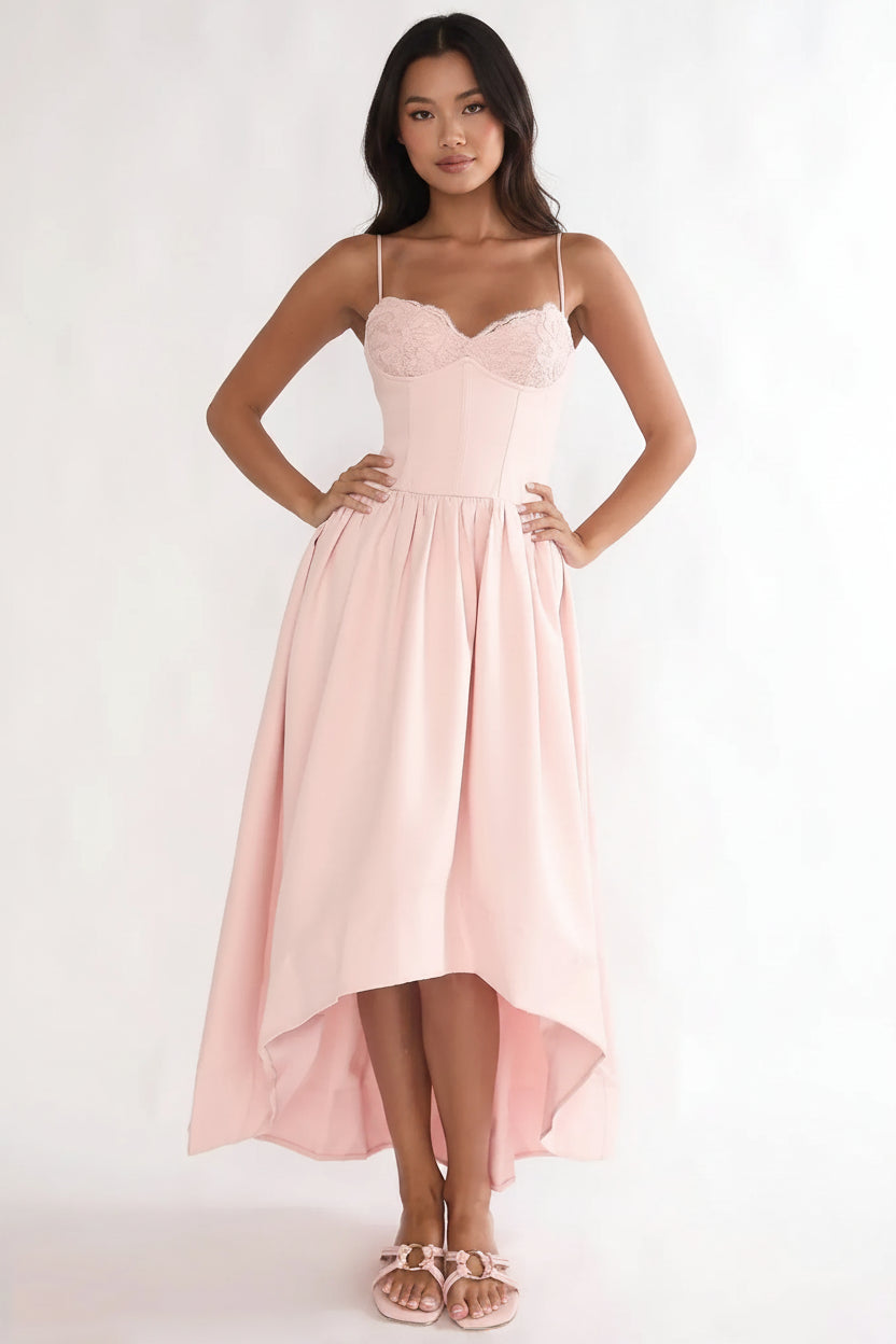 Romantic Sweetheart Spaghetti Strap Lace Pink High-Low Homecoming Dress