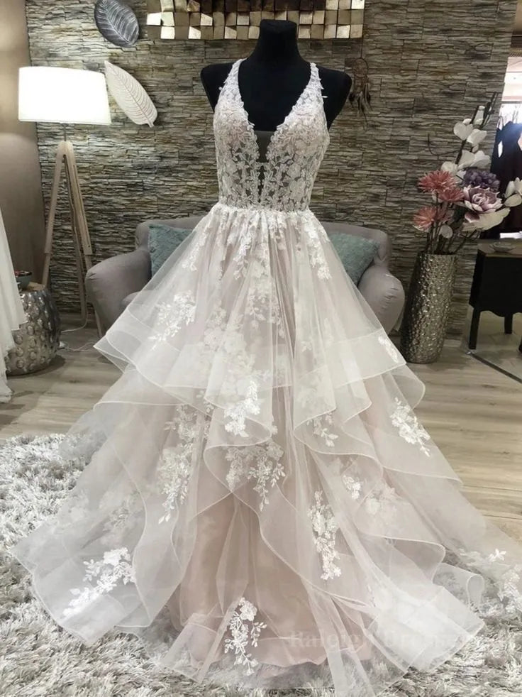 Romantic Tulle-Lace Maxi Evening Dress Blush Deep V Halter Sleeves for Women