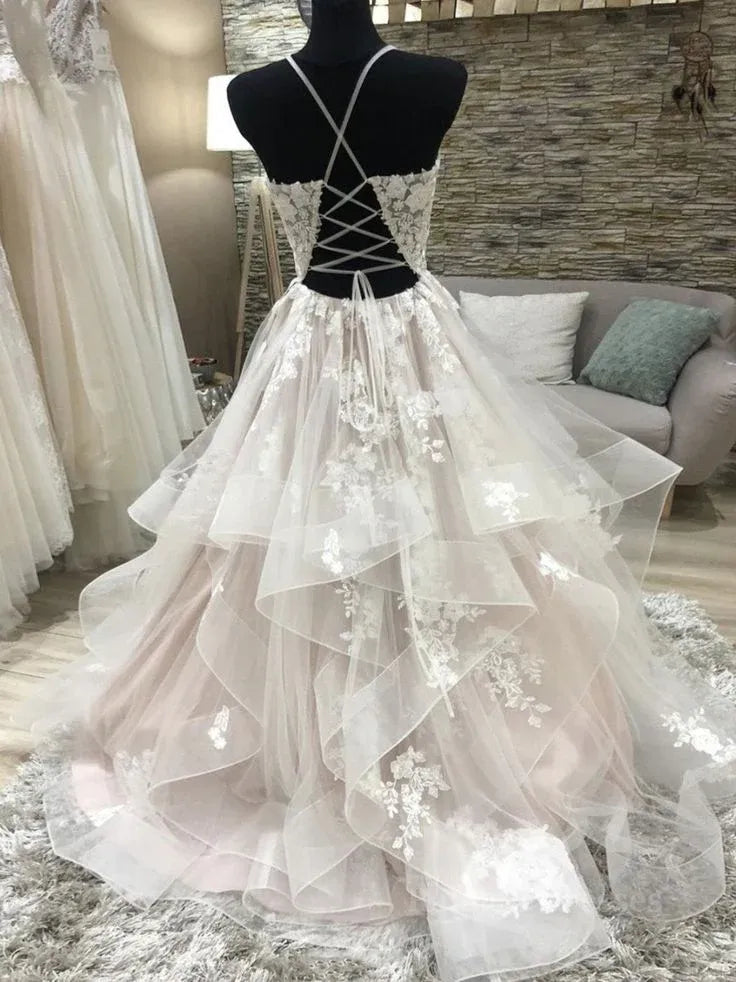 Romantic Tulle-Lace Maxi Evening Dress Blush Deep V Halter Sleeves for Women