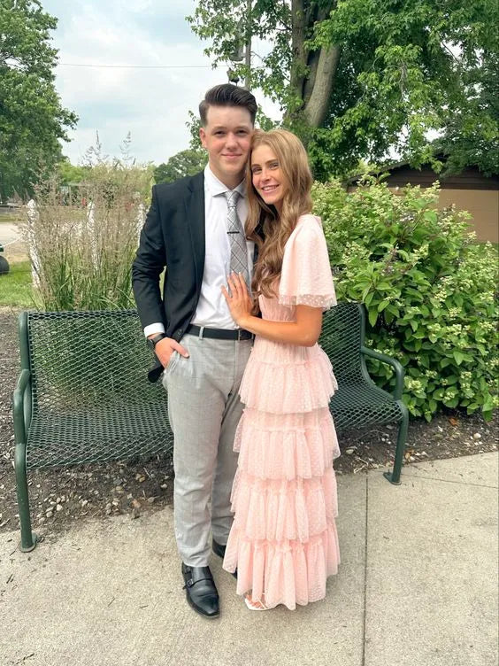 Romantic Tulle Long Evening Dress Blush Ruffled Short Sleeve for Women
