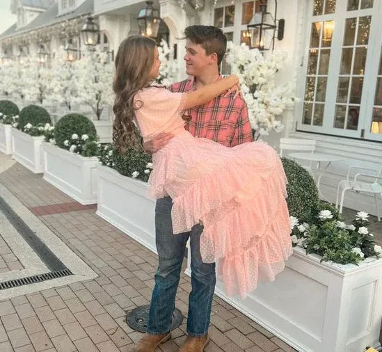 Romantic Tulle Long Evening Dress Blush Ruffled Short Sleeve for Women
