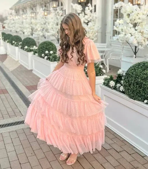 Romantic Tulle Long Evening Dress Blush Ruffled Short Sleeve for Women