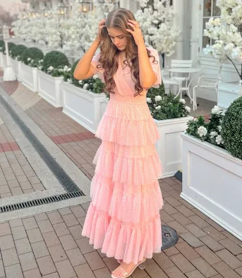 Romantic Tulle Long Evening Dress Blush Ruffled Short Sleeve for Women