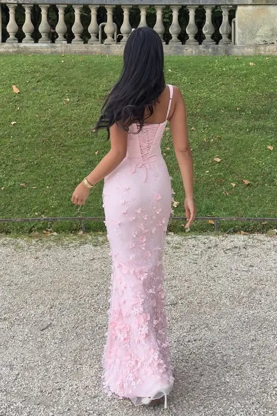Romantic Tulle Long Evening Dress Pink Square-Neck Sleeveless Party Gown for Women