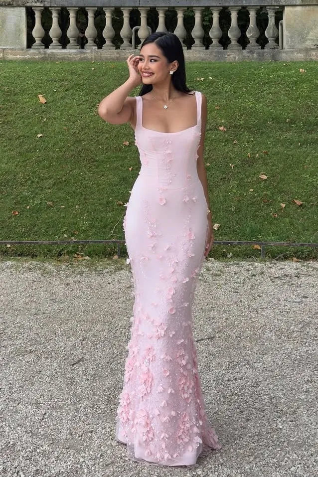 Romantic Tulle Long Evening Dress Pink Square-Neck Sleeveless Party Gown for Women