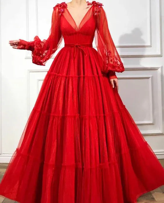 Romantic Tulle Maxi Evening Dress Red Deep V Puff Sleeves for Women