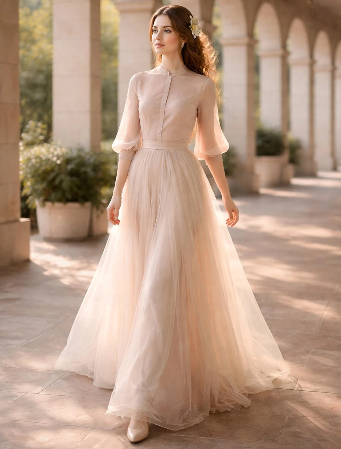 Romantic A-Line Mandarin Collar Long Sleeve Modest Blush Floor-Length Prom Dress