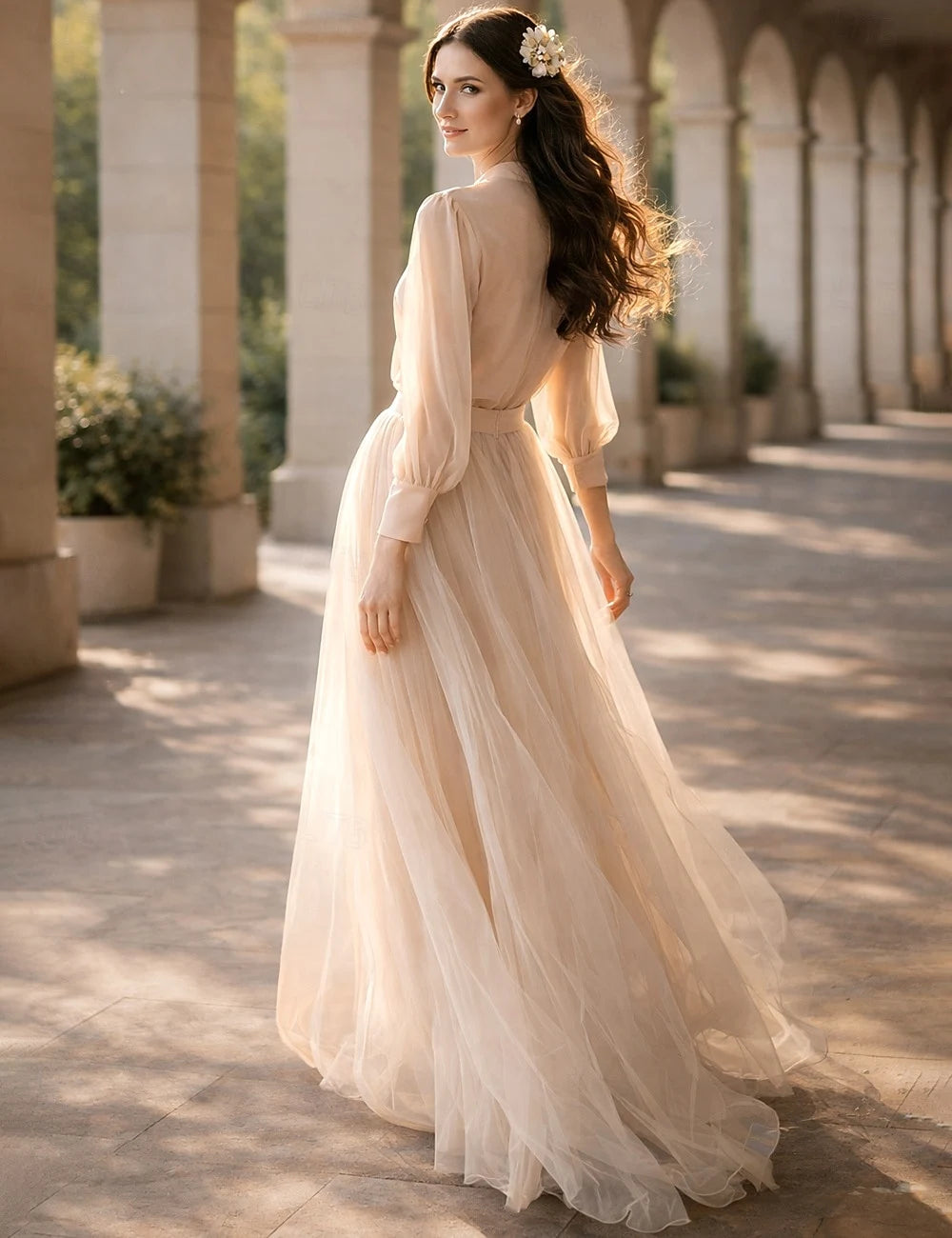 Romantic A-Line Mandarin Collar Long Sleeve Modest Blush Floor-Length Prom Dress