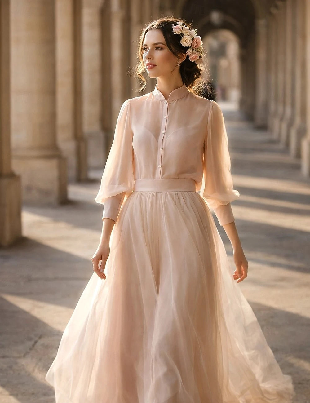 Romantic A-Line Mandarin Collar Long Sleeve Modest Blush Floor-Length Prom Dress
