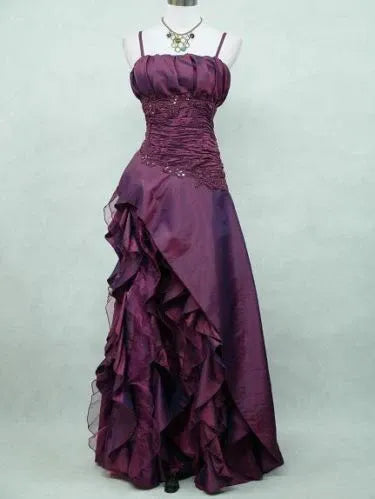 Romantic A-Line Spaghetti Strap Ruched Ruffled Plum High Low Prom Dress
