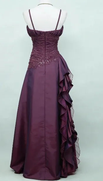 Romantic A-Line Spaghetti Strap Ruched Ruffled Plum High Low Prom Dress