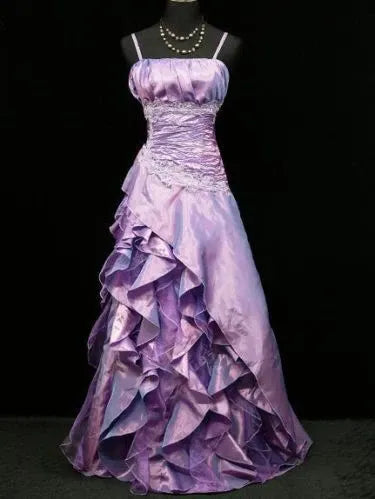 Romantic A-Line Spaghetti Strap Ruched Ruffled Plum High Low Prom Dress