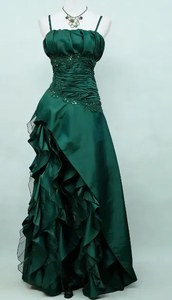 Romantic A-Line Spaghetti Strap Ruched Ruffled Plum High Low Prom Dress