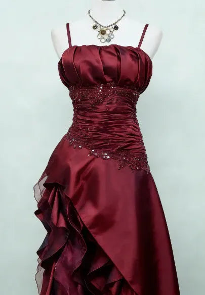 Romantic A-Line Spaghetti Strap Ruched Ruffled Plum High Low Prom Dress