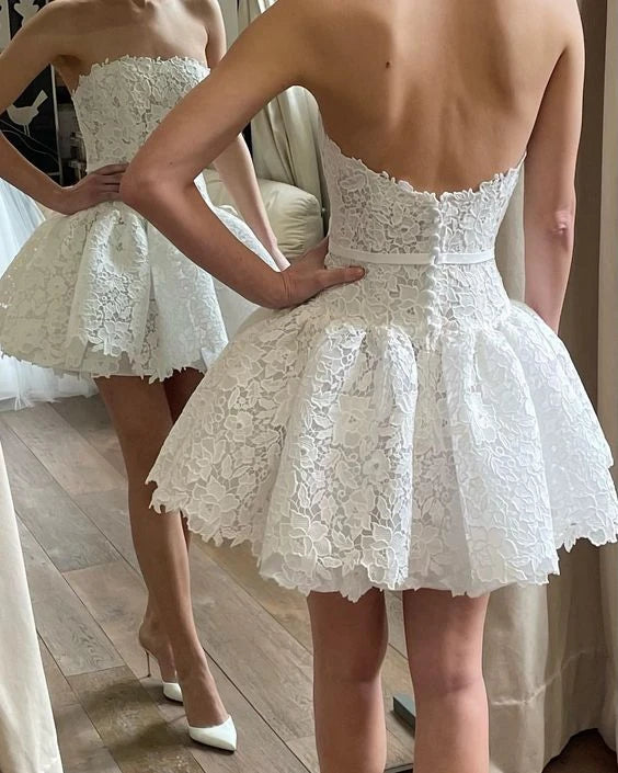 Romantic A-Line Strapless Puffy Floral Lace White Short Homecoming Dress