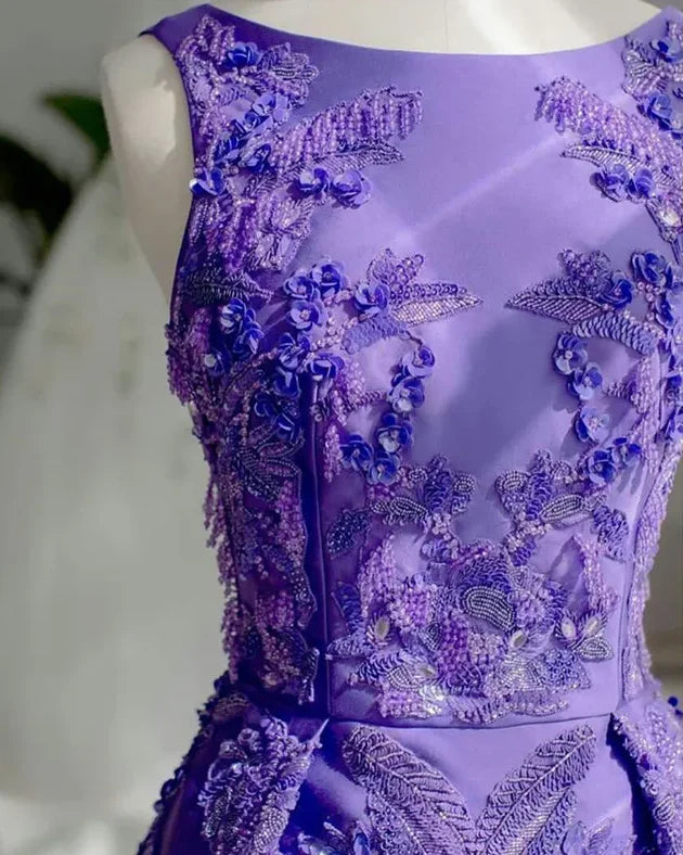 Round Neck Beaded Applique Purple Long Prom Dress Evening Dress