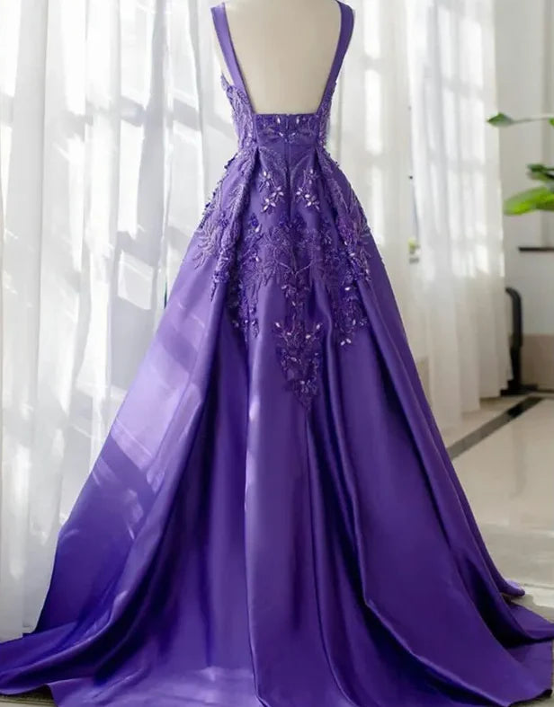 Round Neck Beaded Applique Purple Long Prom Dress Evening Dress