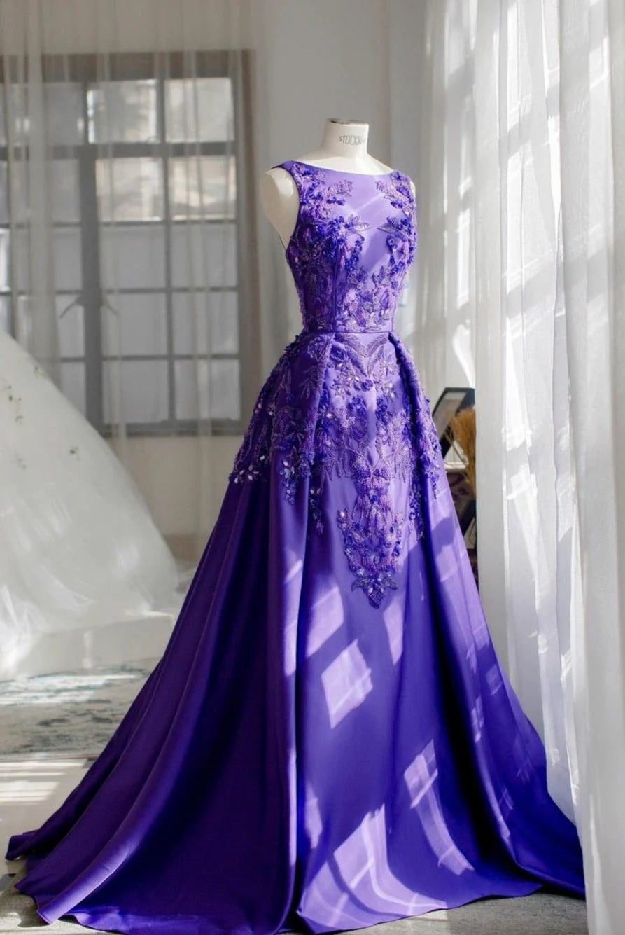 Round Neck Beaded Applique Purple Long Prom Dress Evening Dress