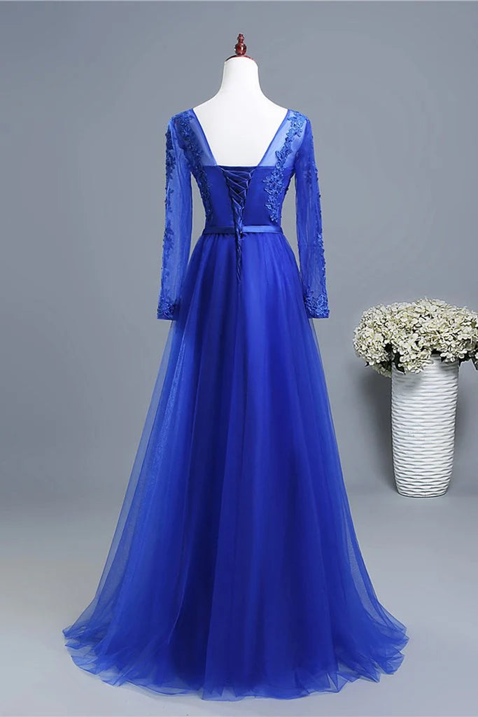 Round Neck Long Sleeves Lace Applique Tulle Royal Blue Formal Prom Dress