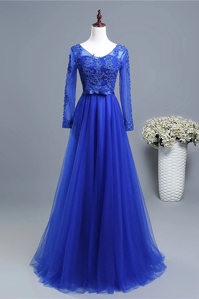 Round Neck Long Sleeves Lace Applique Tulle Royal Blue Formal Prom Dress