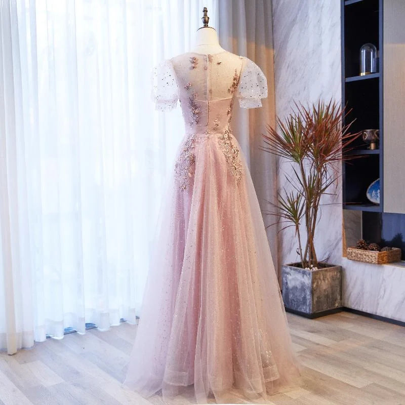 Round Neck Puff Sleeves Floral Tulle Pink Long Prom Dress Party Dress