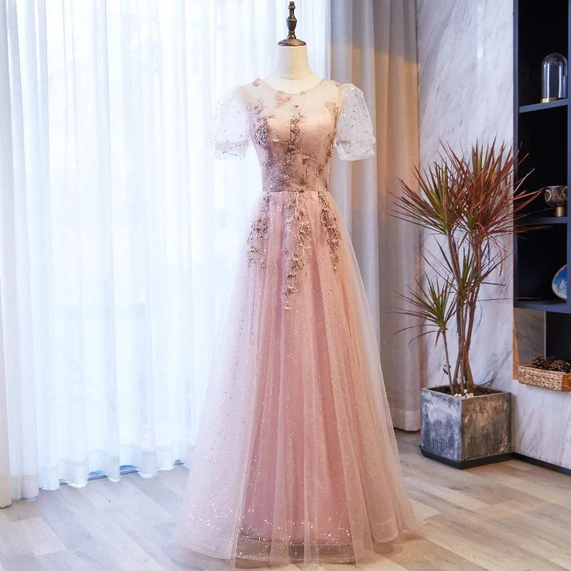 Round Neck Puff Sleeves Floral Tulle Pink Long Prom Dress Party Dress