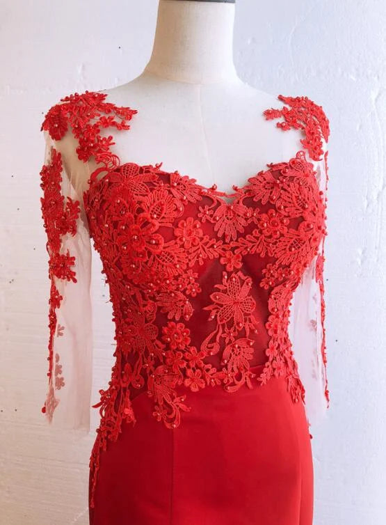 Round Neckline Lace Applique Beaded Satin Red Evening Dress Prom Dress