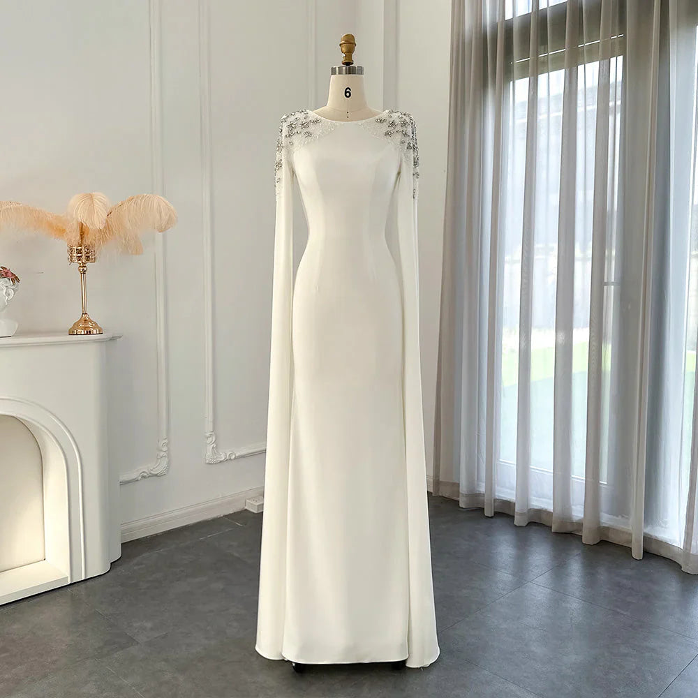Round Neck Elegant Mermaid Evening Mother of the Bride Dress Wedding Party Cape Sleeves