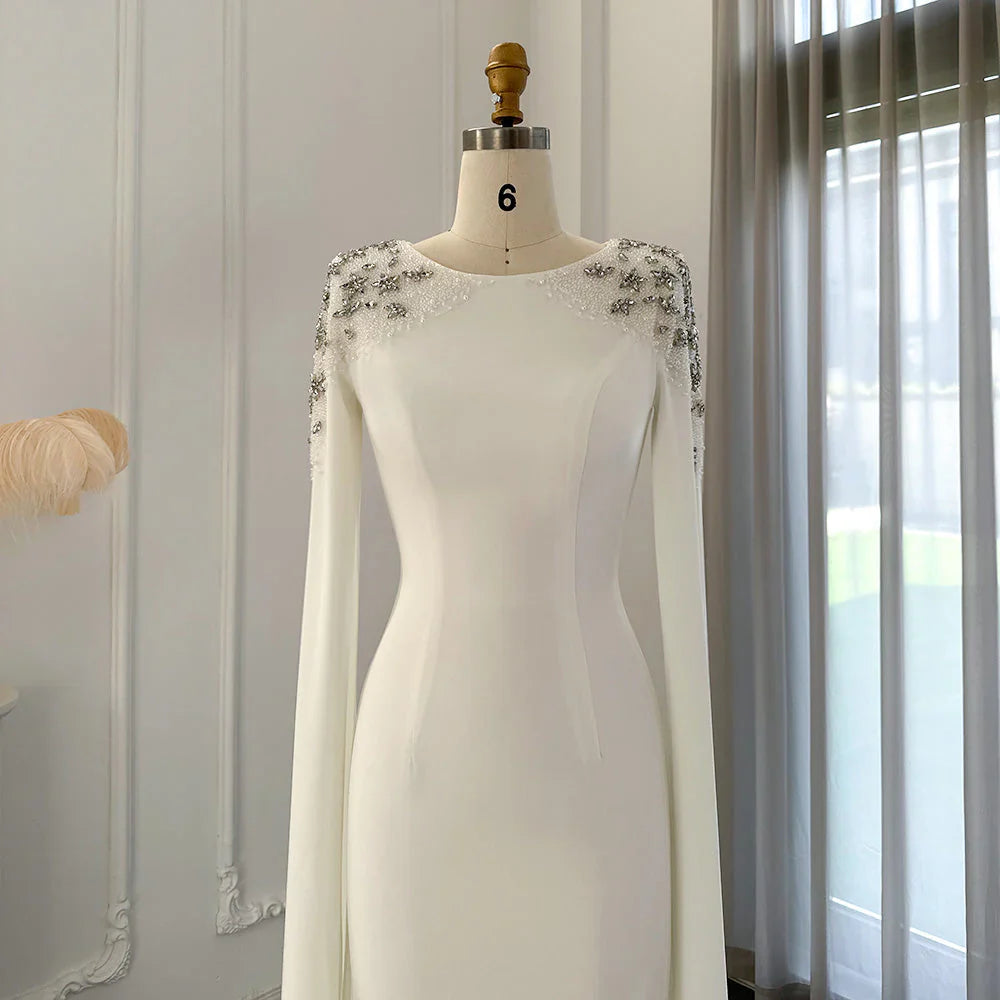 Round Neck Elegant Mermaid Evening Mother of the Bride Dress Wedding Party Cape Sleeves