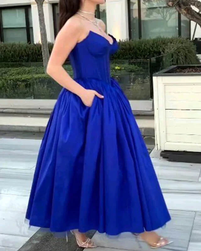 Royal Blue Strapless Corset Satin A-line Prom Dress ?
