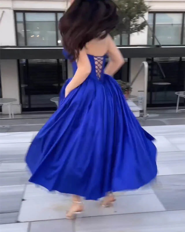 Royal Blue Strapless Corset Satin A-line Prom Dress ?
