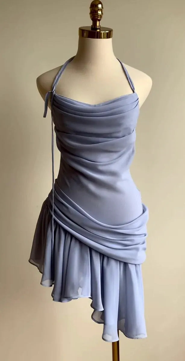 Ruched Chiffon Mini Evening Dress Lavender Halter Sleeveless for Women