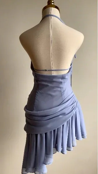 Ruched Chiffon Mini Evening Dress Lavender Halter Sleeveless for Women