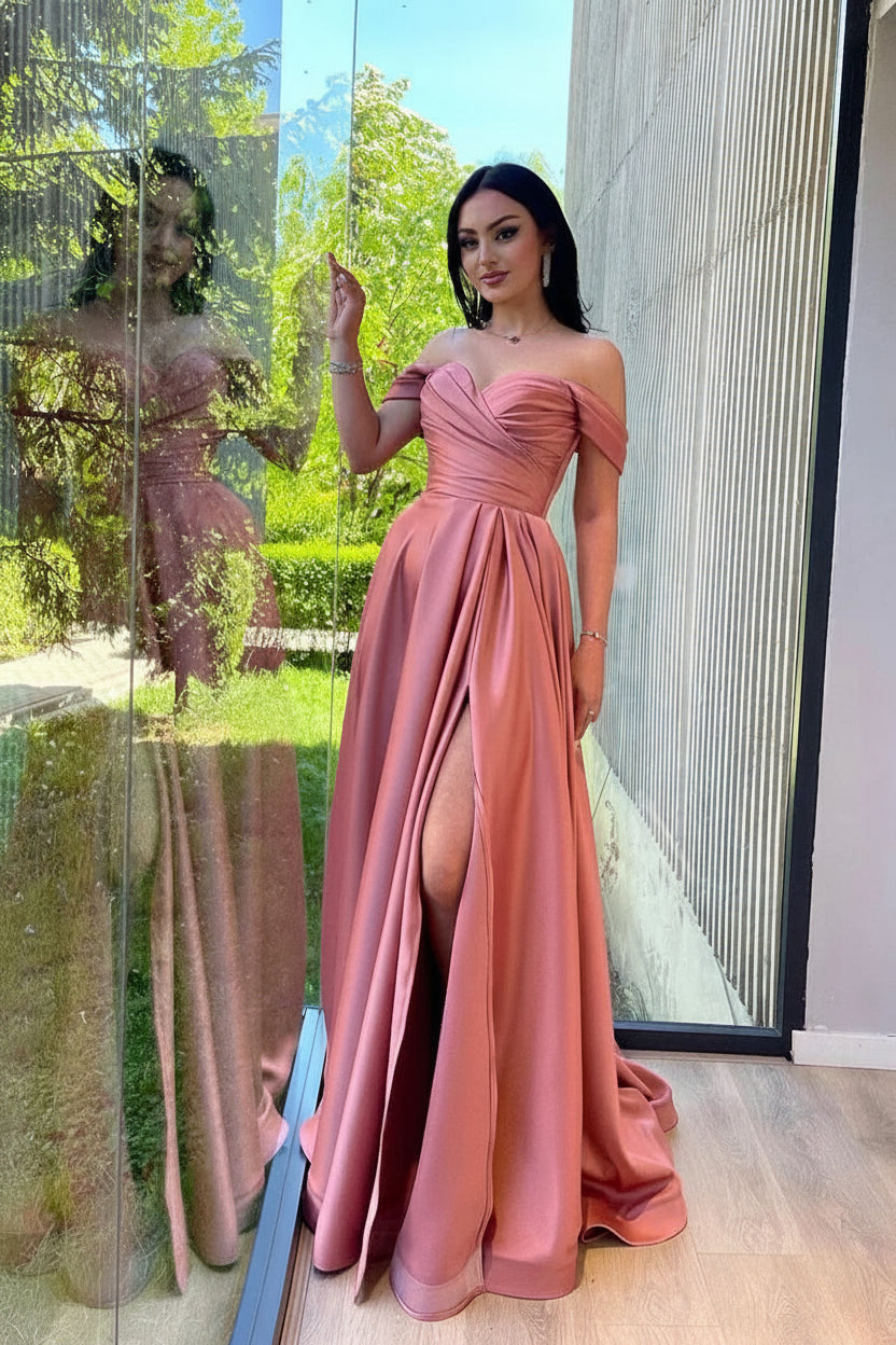 Ruched Satin Floor-Length Evening Dress Blush Off-Shoulder Slit for Women