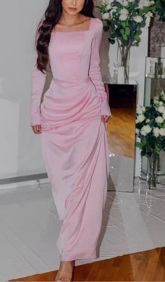 Ruched Satin Floor-Length Evening Dress Blush Square-Neck Long-Sleeve for Women