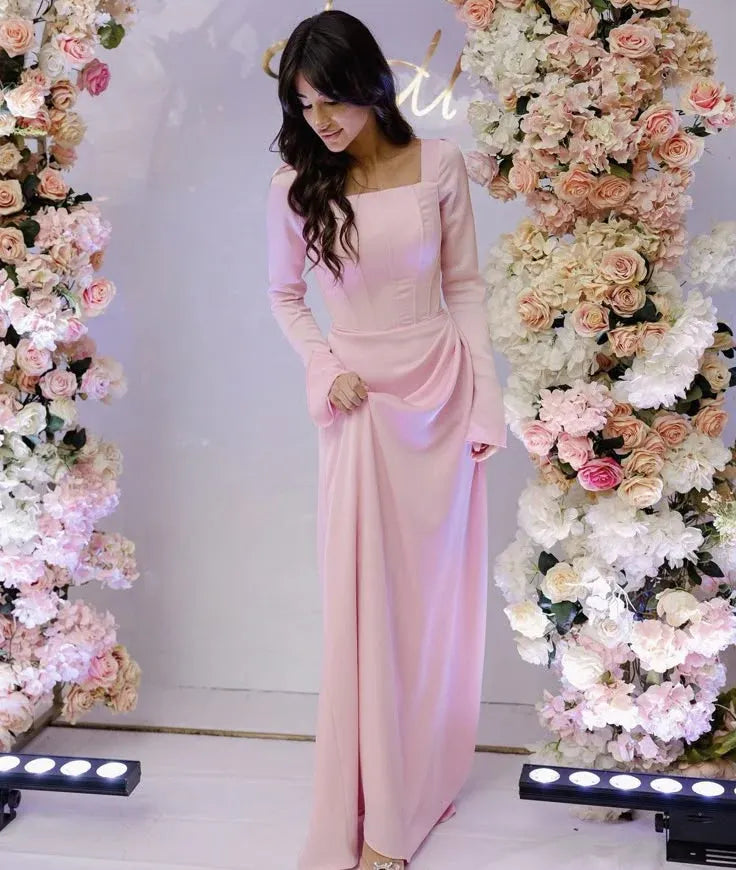 Ruched Satin Floor-Length Evening Dress Blush Square-Neck Long-Sleeve for Women