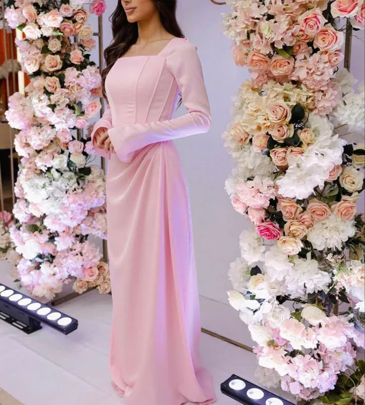Ruched Satin Floor-Length Evening Dress Blush Square-Neck Long-Sleeve for Women