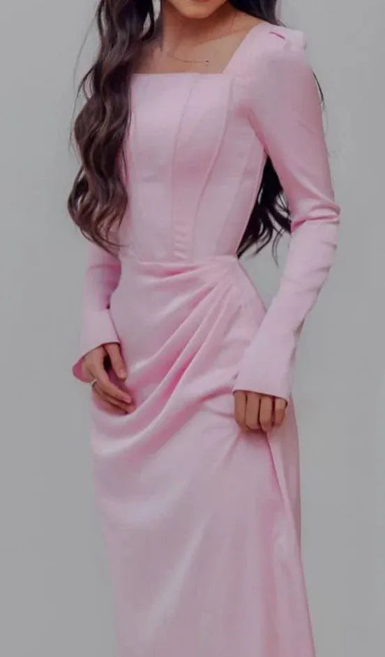 Ruched Satin Floor-Length Evening Dress Blush Square-Neck Long-Sleeve for Women
