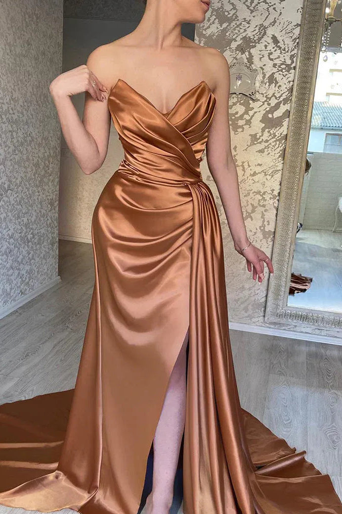 Ruched Satin Floor-Length Evening Dress Bronze Strapless High-Slit for Women