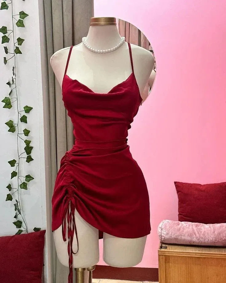 Ruched Velvet Mini Evening Dress Red Sweetheart Spaghetti-Strap for Women