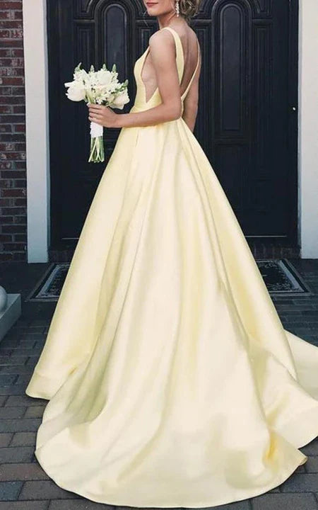 Satin Floor-length Court Train A Line Sleeveless Solid Formal Dress with Ruffles Prom Dress/Dress For Formal