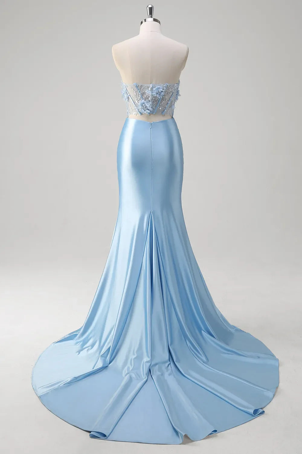 Xuewuba Formal Wear Dresses Glitter Blue Strapless Mermaid Satin Long Corset Prom Dress with Appliques Prom Dresses Stores