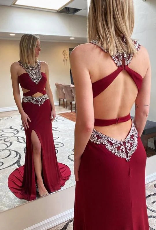 Sexy Half High Neck Beaded Cutout Open Back Red Prom Dress With Train