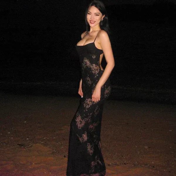 Seductive Mermaid Spaghetti Strap See-through Backless Lace Black Maxi Prom Dress