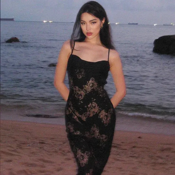 Seductive Mermaid Spaghetti Strap See-through Backless Lace Black Maxi Prom Dress