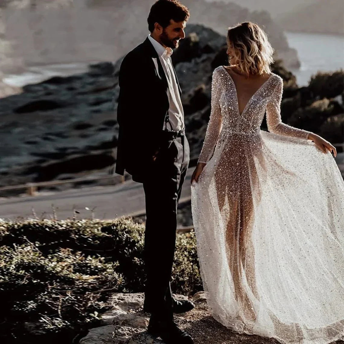 See Through Sequin Beaded Deep V Neck Long Sleeves Sparkly Dress A-Line Sparkly Bridal Gown