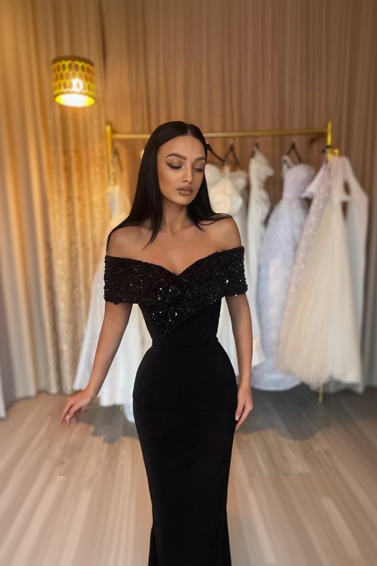 Sequin-Embellished Velvet Floor-Length Evening Dress Black Off-Shoulder Short-Sleeve for Women