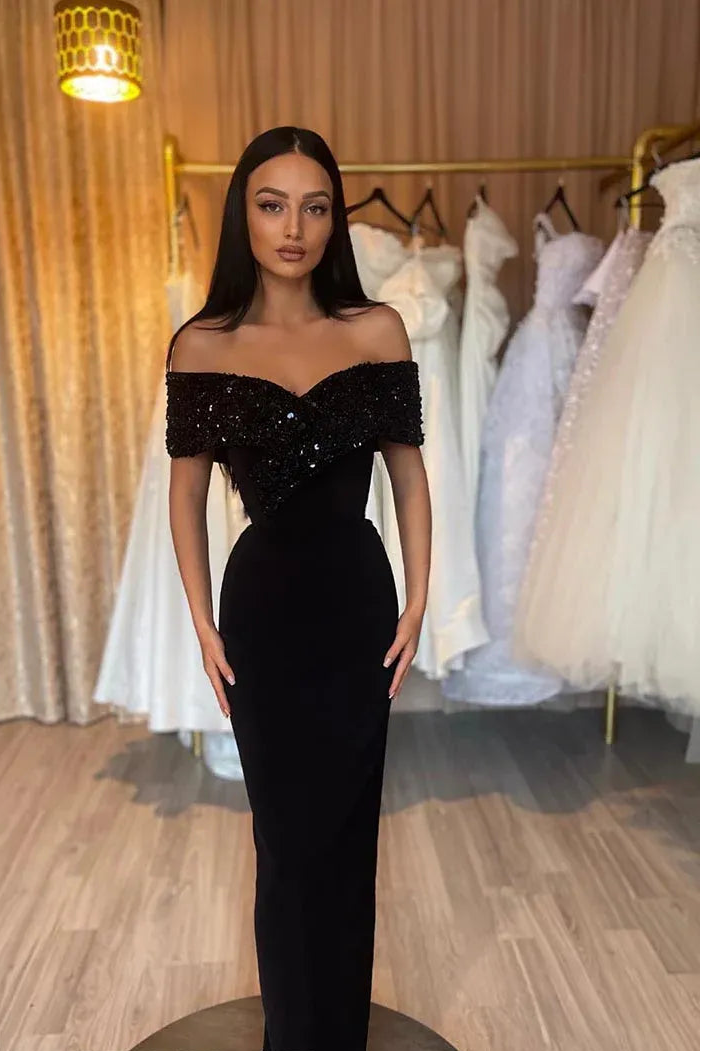 Sequin-Embellished Velvet Floor-Length Evening Dress Black Off-Shoulder Short-Sleeve for Women