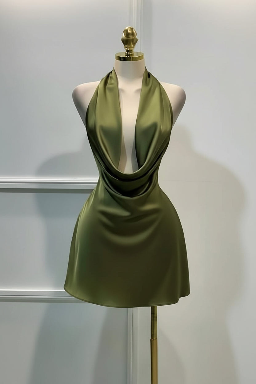 Sex A-Line Halter Backless Draped Olive Short Homecoming Dresses