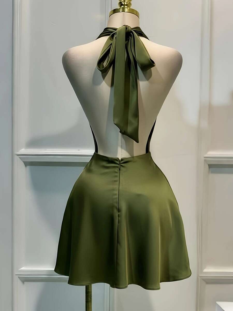 Sex A-Line Halter Backless Draped Olive Short Homecoming Dresses